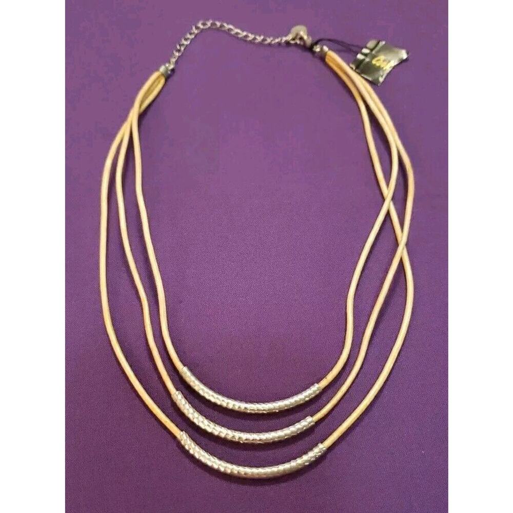 Cookie Lee Signed Layered Necklace Coated Tan Cord Silver Tone Curved Bars